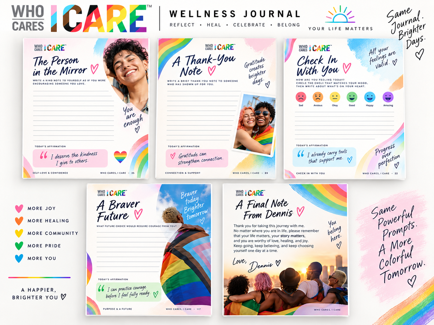 Inside pages of the Who Cares, I Care Wellness Journal showing prompts, affirmations, and colorful layouts